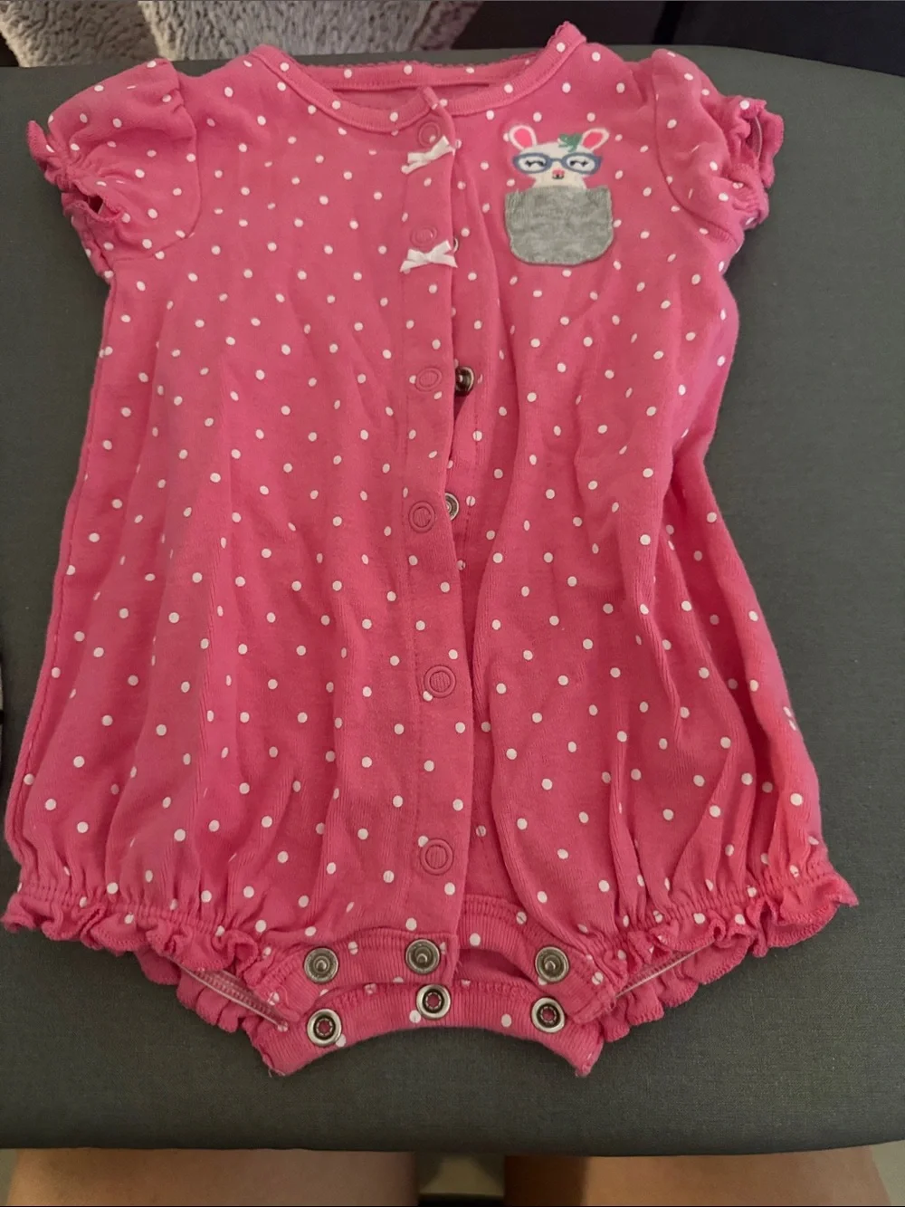Carter's Hot Pink Polka Dot Short-Sleeve Romper with Bunny Patch